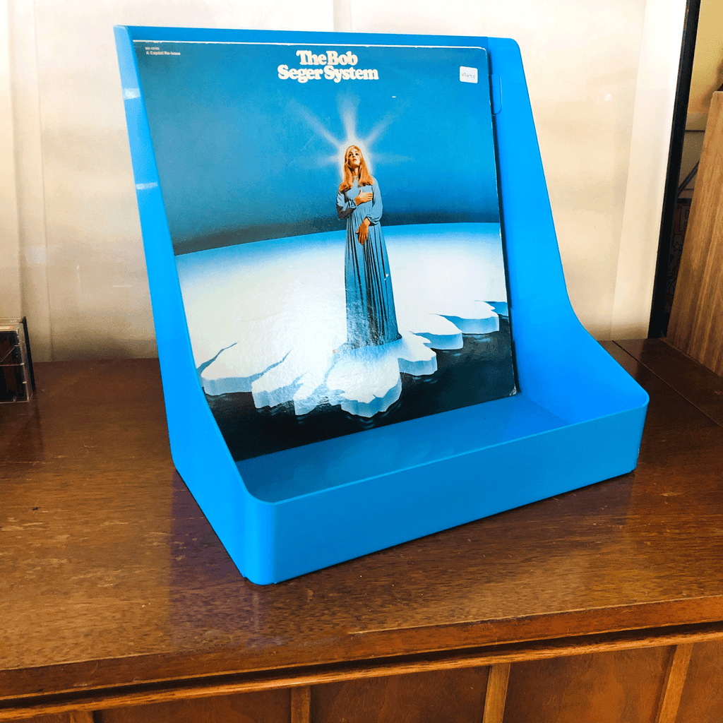 vinyl record bin in blue with bob seger system LP